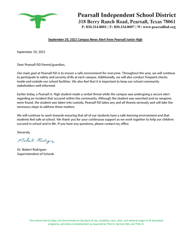 Campus News Alert - Pearsall Junior High September 29th 2022