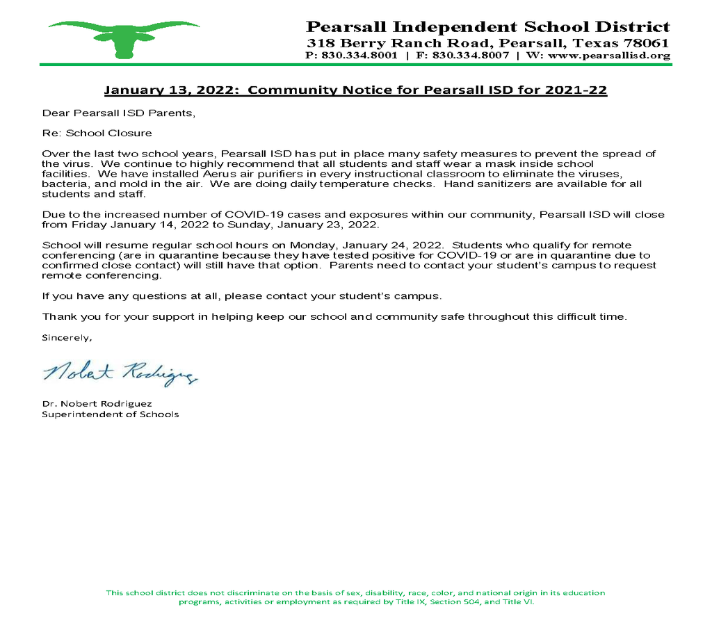 Community Notice for Pearsall ISD